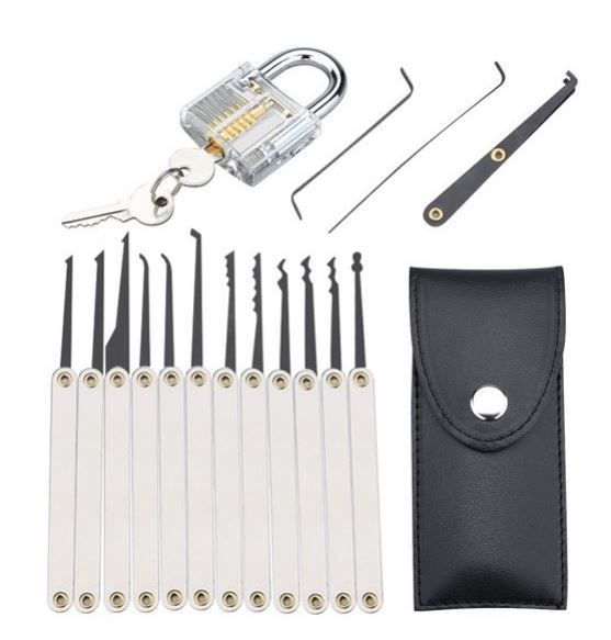 Photo 1 of 15-Piece Practice lock pick Sets & Locksmith Tool Set with Pouch and 2 Keys, Perfect for Professional Locksmiths or Beginners, Wonderful Gift for Kids
