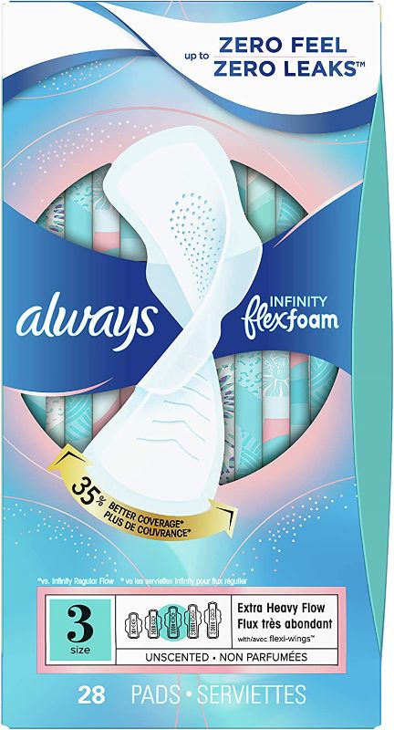 Photo 1 of Always Infinity FlexFoam Pads for Women, Size 3 Extra Heavy Flow Absorbency, with Wings Unscented, 28 Count (Pack of 3, Total 84 Count)
