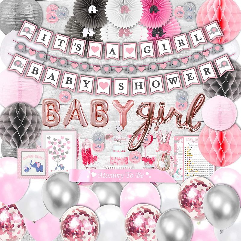 Photo 1 of 435 Piece Pink Elephant Baby Shower Decorations for Girl Kit - It's a Girl Pre-Strung Banners Garland Guestbook Sash Balloons Cake Toppers Paper Fans Lanterns Napkins Straws Games & Thank You Stickers
