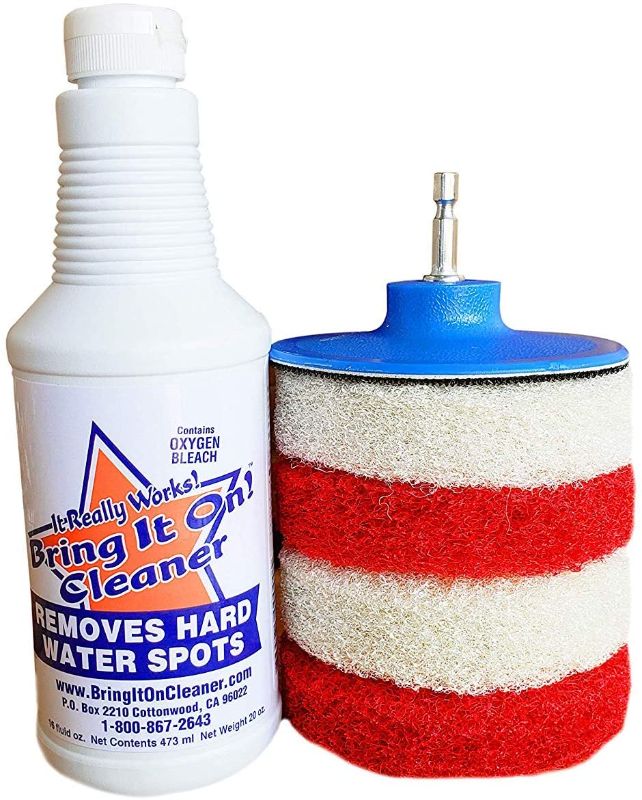 Photo 1 of Bring It On Cleaner Hard Water Stain Remover, Shower Door Cleaner Plus Scrubbing Drill Pads
