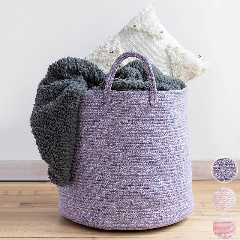 Photo 1 of XXL Premium Cotton Rope Basket 18"x18"x16" - Big Basket for Blankets Living Room – Woven Laundry Basket- Purple Basket - Large Blanket Basket Living Room - Storage Basket - Large Baskets for Blankets
