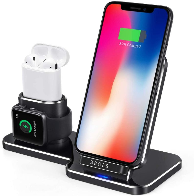 Photo 1 of BBOES Fast Charger 3 in 1 Luxury Aluminum QI Wireless Charger Exquisite QI Wireless Receiver for Apple Iwatch Airpod iPhone X 8 Plus Speaker Shelf for Iwatch 4/3/2/1 (Black)
