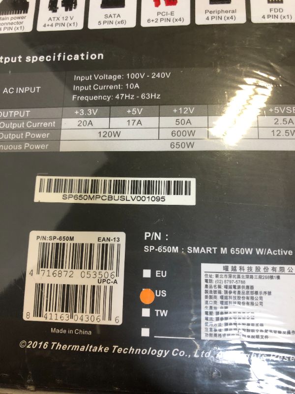 Photo 3 of Thermaltake Smart 650W 80+ Bronze Modular 12V ATX Computer Desktop PC Modular Power Supply - SP-650MPCBUS-
sealed 