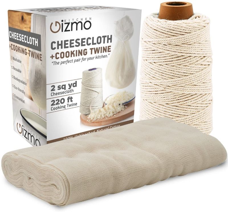 Photo 1 of 2 Sq. Yards Cheesecloth with Cooking Twine Set - Unbleached Cotton Fine Mesh Weave Cheesecloth; 220 ft, Non-toxic, Natural, Dye-free Cooking Twine