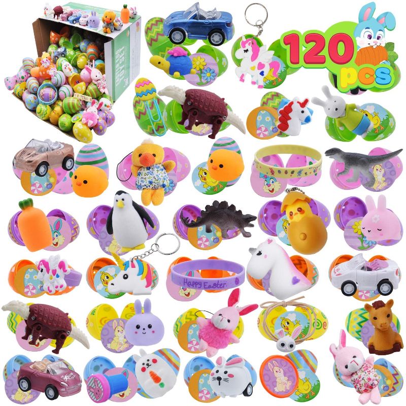 Photo 1 of 120 Pcs Toys Plus Stickers Prefilled Easter Eggs, 2 ? Easter Eggs for Easter Eggs Hunt, Easter Basket Stuffers Fillers, Easter Theme Party Favor, Classroom Prizes Easter Decoration
