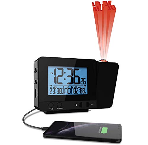 Photo 1 of Think Gizmos Projection Clock with Temperature Display, Rotatable Ceiling/Wall Time Projector, Dual Alarm with Snooze, Hygrometer and USB Port for Charging Additional Devices - Black
