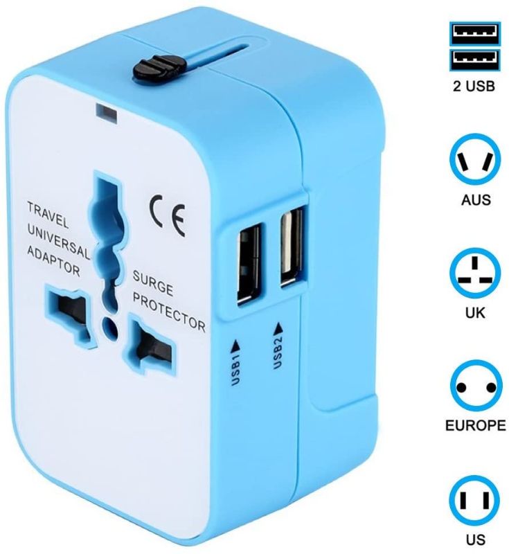 Photo 1 of Bluegogo Travel Adapter,Universal All in One Worldwide Travel Adapter Wall Charger AC Power Plug Adapter Power Plug Wall Charger with Dual USB Charging Ports for USA EU UK AU – USB Cable(Blue/White)
