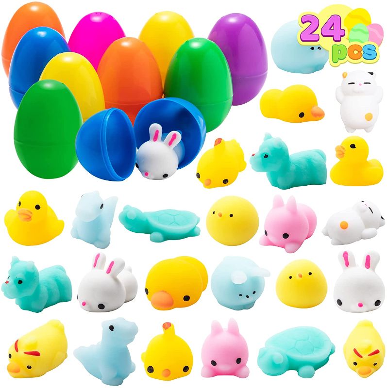 Photo 1 of JOYIN 24 Pieces Mochi Squishy Prefilled Easter Eggs (Toys Inside); Kawaii Foamy Stress Reliever Squishies for Easter Theme Party Favor, Easter Eggs Hunt, Basket Filler, Classroom Prize Supplies
