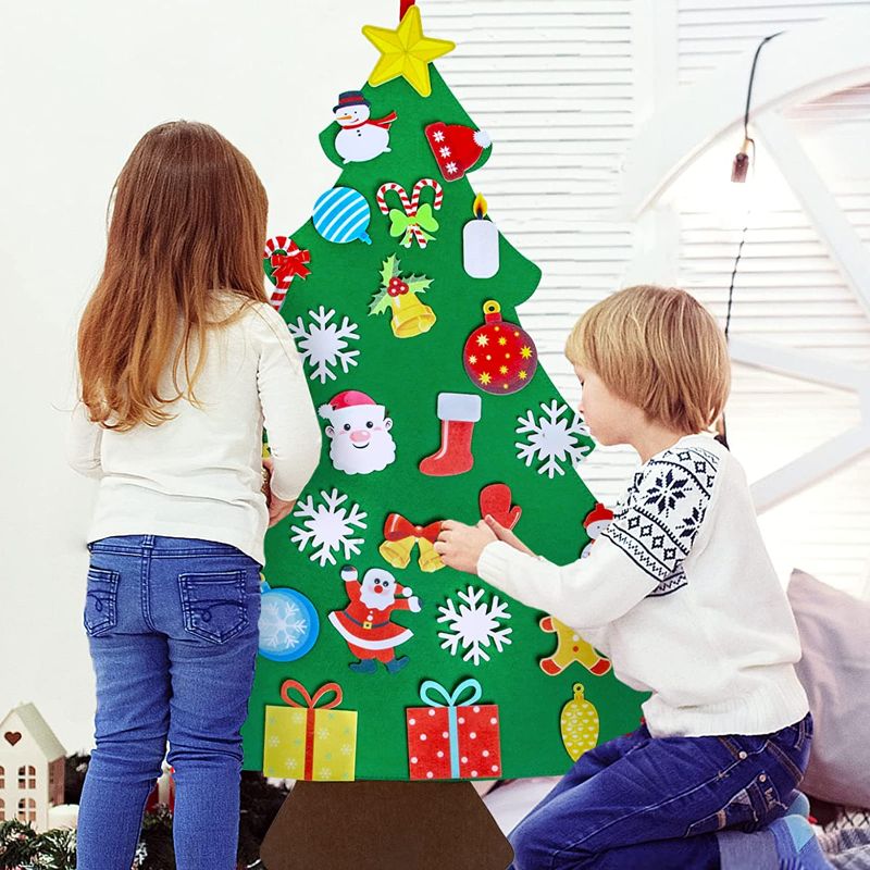 Photo 1 of 3ft DIY Felt Christmas Tree for Toddlers with 32 Detachable Ornaments, Hanging Felt Christmas Tree for Kids Wall, Craft Christmas Decorations Indoor for Home Wall Door Party Supplies Gifts