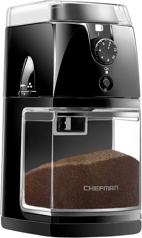 Photo 1 of Chefman Coffee Grinder Electric Burr Mill - Freshly Grinds Up to 2.8oz Beans, Large Hopper with 17 Grinding Options for 2-12 Cups, Easy One Touch Operation, Cleaning Brush Included, Black
