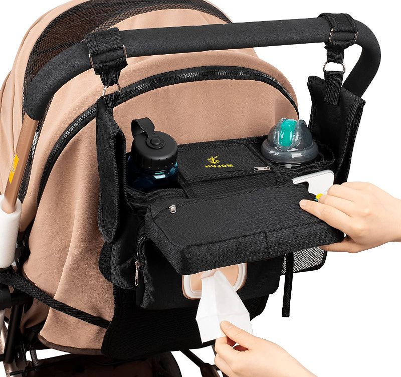 Photo 1 of Non-Slip Universal Stroller Organizer with Cup Holders, Shoulder Strap, Roll Down Diaper Pocket, Detachable Phone Bag & Flexible Wipes Pocket. Baby Must have Accessories.
