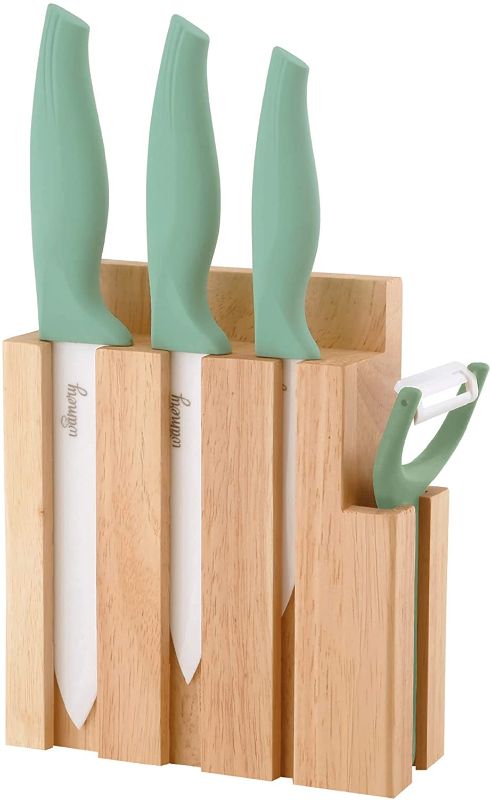 Photo 1 of Ceramic Knife Set with Block - Chef Knife, Utility Knife, Paring Knife Rust Proof Sharp Turquoise Kitchen Knife Set with Wood Block and Fruit Peeler
