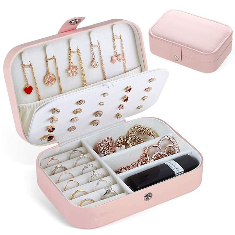 Photo 1 of AB Jewelry Organizer Box, Necklace Ring Storage Organizer Double Layer Travel Synthetic Leather Jewel Cabinet Gift Case (Pink)
