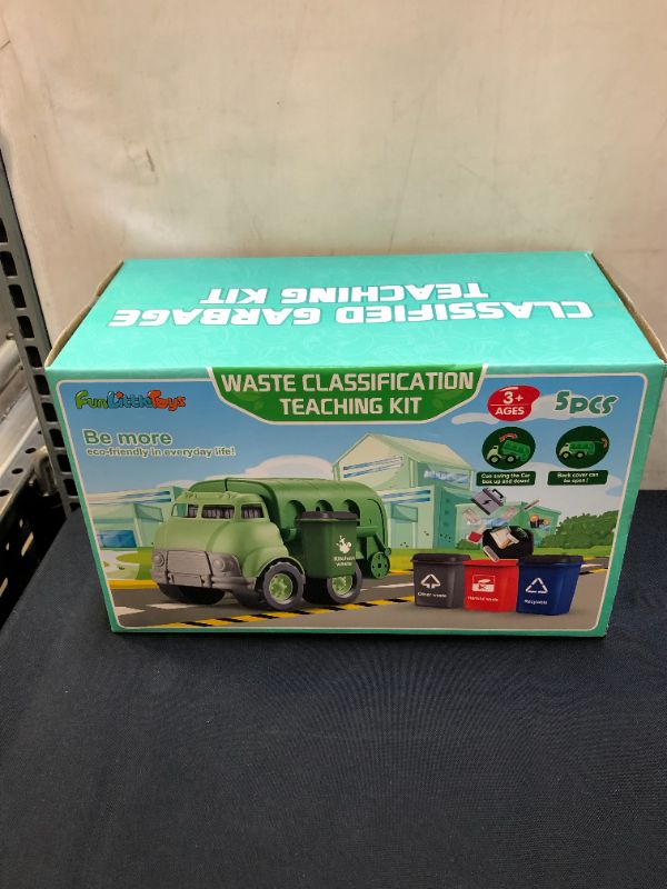 Photo 2 of FUN LITTLE TOYS Garbage Truck Toy with 4 Rear Loader Trash Cans and Garbage Illustrated Flash Cards, Waste Management Recycling Truck Toy for Kids
