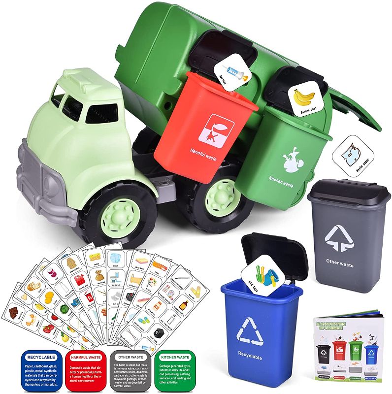 Photo 1 of FUN LITTLE TOYS Garbage Truck Toy with 4 Rear Loader Trash Cans and Garbage Illustrated Flash Cards, Waste Management Recycling Truck Toy for Kids
