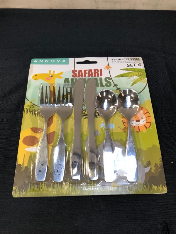 Photo 1 of ANNOVA Kids Silverware 6 Pieces Children's Safe Flatware Set Stainless Steel - 2 x Safe Forks, 2 x Table Knife, 2 x Tablespoons, Toddler Utensils Safari, for Lunchbox (Etched Elephant, Giraffe, Lion)
