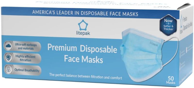 Photo 1 of 50pcs Litepak Disposable Face Mask Thickness Comfort Earloops (Sky Blue, 50 Masks (1 Box))
