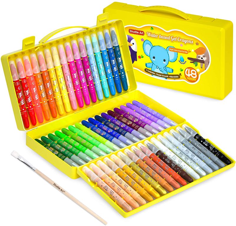 Photo 1 of 48 Colors Gel Crayons for Toddlers, Shuttle Art Non-Toxic Twistable Crayons Set with 1 Brush and Foldable Case for Kids Children Coloring, Crayon-Pastel-Watercolor Effect, Ideal for Paper
