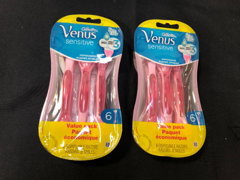 Photo 1 of 2 PACK - Gillette Venus Sensitive Disposable Razors for Women with Sensitive Skin, 6 Count, Delivers Close Shave with Comfort, Pink and White