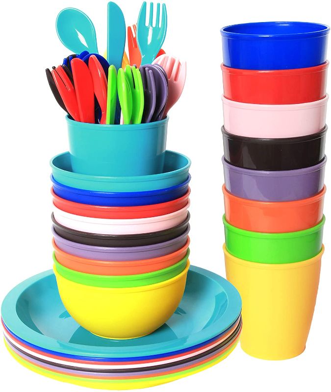 Photo 1 of Youngever 54 pcs Plastic Kids Dinnerware Set of 9 in 9 Assorted Colors, Toddler Dining Set, Cups, Kids Plates, Kids Bowls, Flatware Set, Kids Dishes Set