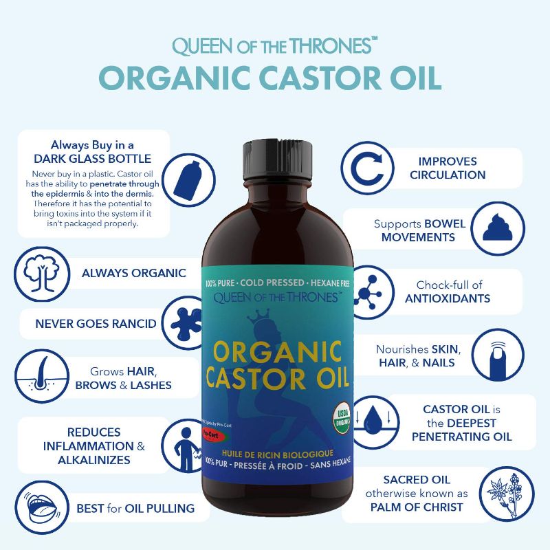 Photo 1 of Queen of the Thrones Organic Castor Oil - 500mL (16.9oz) | 100% Pure, USDA Certified, Cold Pressed & Hexane Free & Extra Virgin - Improve Digestion, Reduce IBS & Bloating, Stimulate Hair Growth, Invigorate Skin W/ WRAP