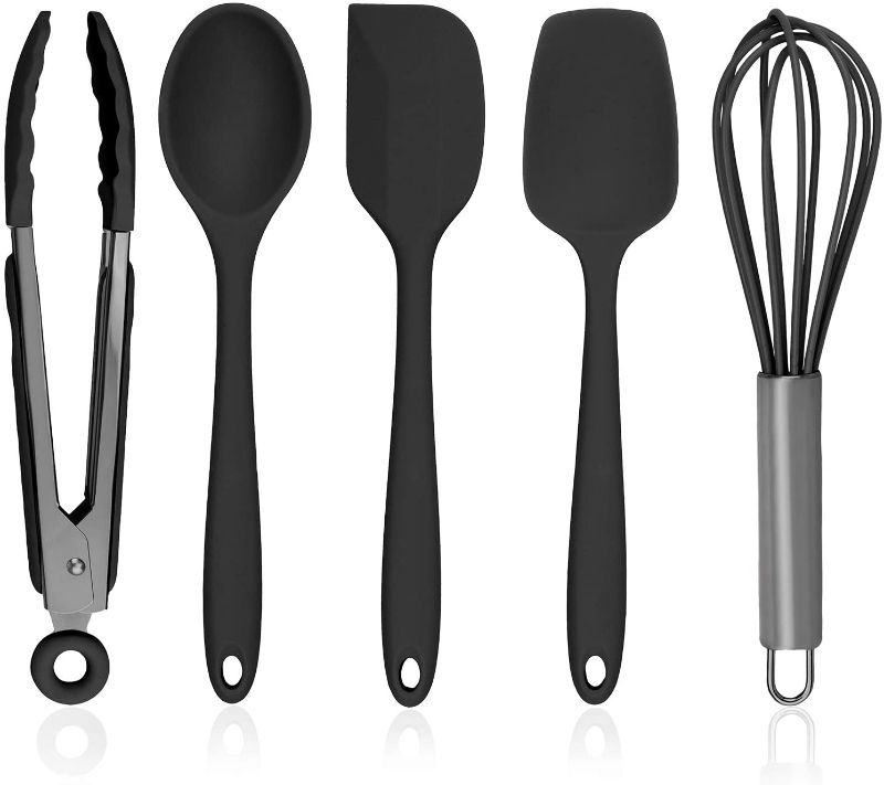 Photo 1 of Country Kitchen 5 Pc Silicone Cooking Utensils, Kitchen Tools, Easy to Clean Silicone Kitchen Utensil Set, Silicone Spatula Set for Nonstick Cookware - Black and Gunmetal