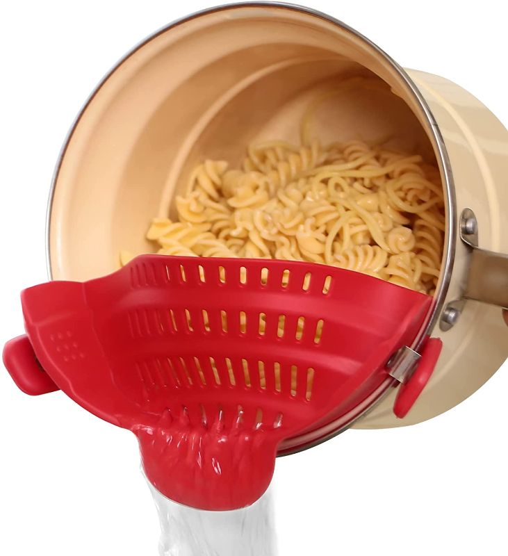 Photo 1 of Clip on Food Strainer for Kitchen, Silicone Pasta Pans with Strainer Fit Most Pots, Muzpz Heat Resistant Strainer with 2 Clips for Pasta, Spaghetti, Fruit, Home Kitchen Gadgets for Women (Red)