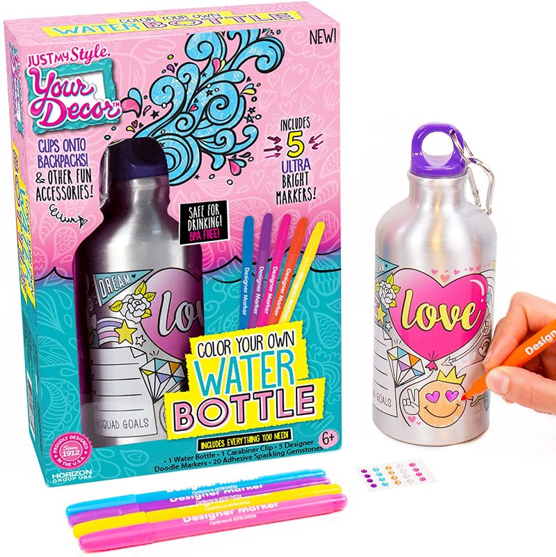 Photo 1 of Just My Style Your Decor Color Your Own Water Bottle By Horizon Group Usa, DIY Bottle Coloring Craft Kit, BPA Free Aluminum 18.9fl oz Drinking Water Bottle, Decorate Using Colorful Markers & Gemstones
