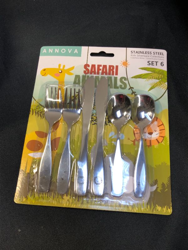 Photo 1 of ANNOVA Kids Silverware 6 Pieces Children's Safe Flatware Set Stainless Steel - 2 x Safe Forks, 2 x Table Knife, 2 x Tablespoons, Toddler Utensils Safari, for Lunchbox (Etched Elephant, Giraffe, Lion)
