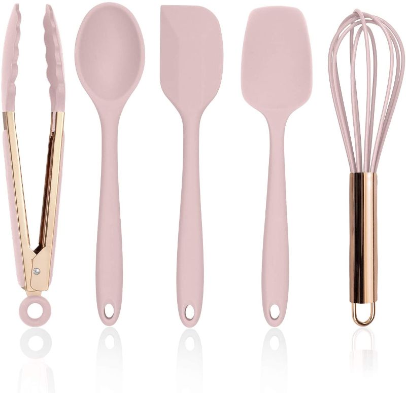 Photo 1 of Cook with Color Silicone Cooking Utensils, 5 Pc Kitchen Utensil Set, Easy to Clean Silicone Kitchen Utensils, Cooking Utensils for Nonstick Cookware, Kitchen Gadgets Set - Pink and Copper
