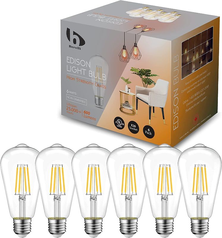 Photo 1 of Berelli 6-PACK LED Edison Light Bulbs - ST64 - 6W (60W Equivalent) - E26 Base - 2700K Warm White - CRI above 90+ - Energy Saver - Ultra Durable - Eye Protective - Flicker Free - Ideal for Home Bedroom Office String Lights (6 Pack)
