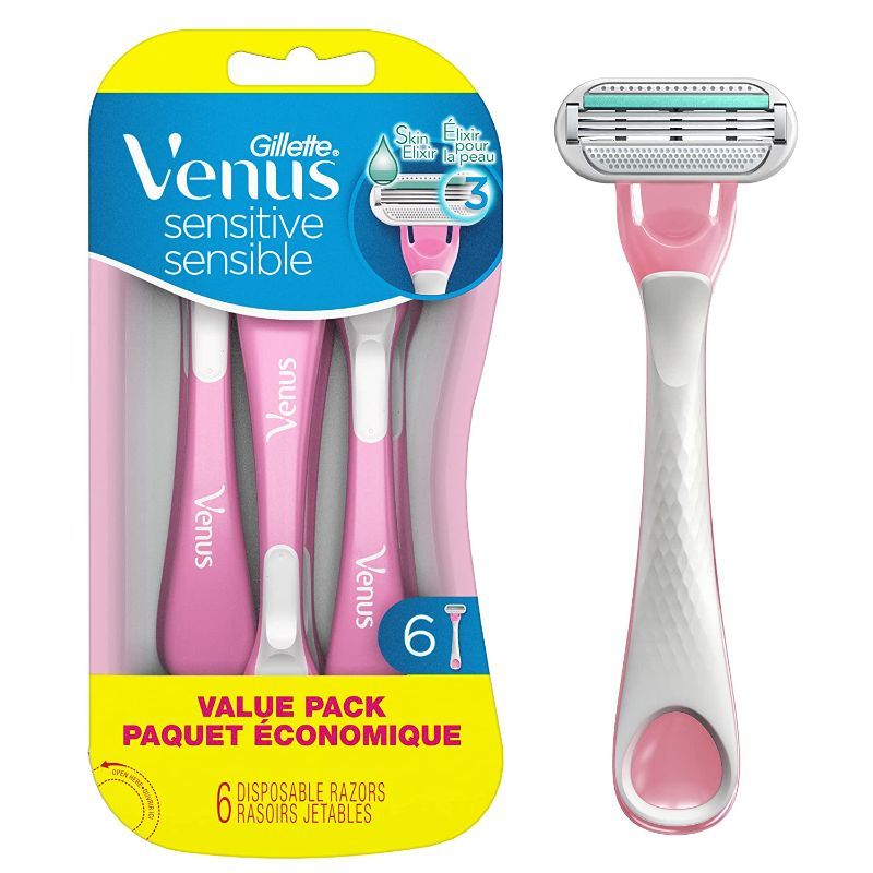 Photo 1 of Gillette Venus Sensitive Disposable Razors for Women with Sensitive Skin, 6 Count, Delivers Close Shave with Comfort, Pink and White