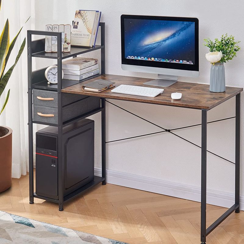 Photo 1 of OIAHOMY Computer Desk Storage Shelves Study Writing Table for Home Office with Canvas Drawer-Rustic Brown & Black
