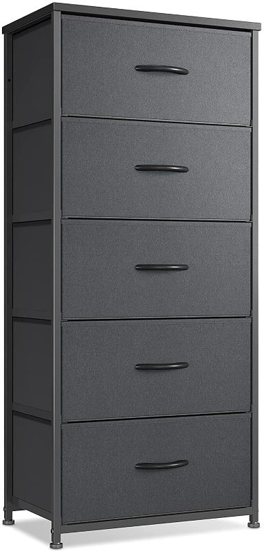 Photo 1 of CubiCubi Dresser for Bedroom, Tall Kids Bedroom Fabric Dresser 5 Drawer Storage Tower Organizer Unit for Hallway Entryway Closets, Steel Frame Wood Top, Black Grey
