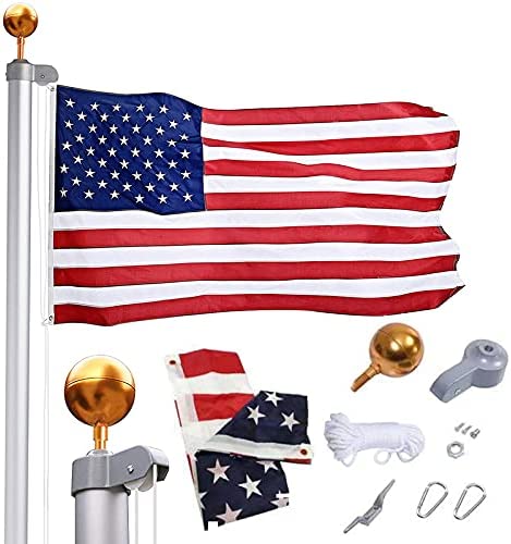 Photo 1 of Supole Extra Thick 20FT Sectional Flag Pole Kit, Heavy Duty American Aluminum Flagpole Set with 3x5 US Flag, Golden Ball Top, Stainless Steel Clips for Commercial or Residential, Silver
