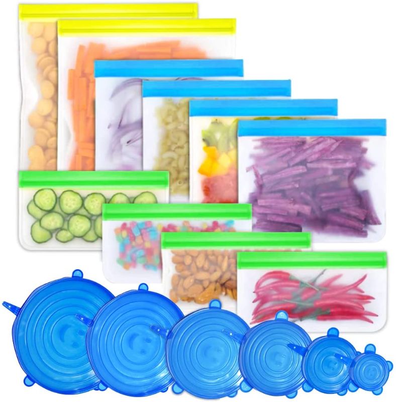 Photo 1 of 16 Pack BPA Free Reusable Food Storage Bags (4 Reusable Sandwich Bags + 4 Snack Bags + 2 Reusable Gallon Bags + 6 Silicone Stretch Lids), Leakproof Poly Food Bags
