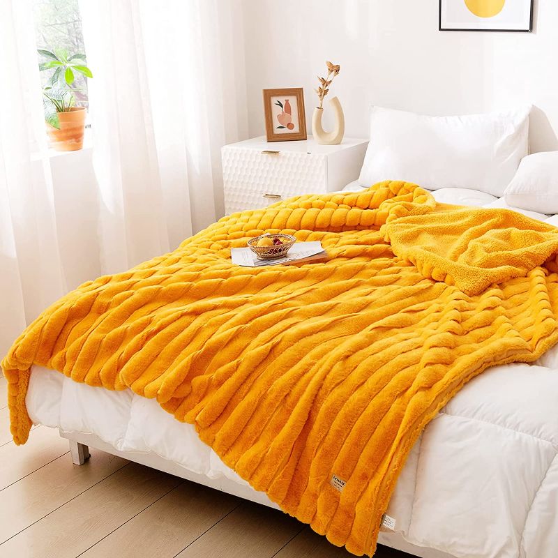 Photo 1 of GONAAP Faux Fur Reversible Throw Blanket Decorative Sherpa Throw Luxury Blanket for Sofa, Couch and Bed - Super Soft Fuzzy Fleece Blanket for Outdoor, Indoor, Camping, Gifts (Orange 70"x90")
