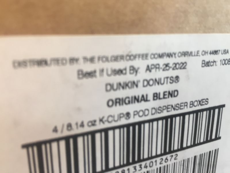 Photo 4 of Dunkin' Original Blend Medium Roast Coffee K-Cup Pods, 22 Count (Pack of 4)
Best By: April 25, 2022