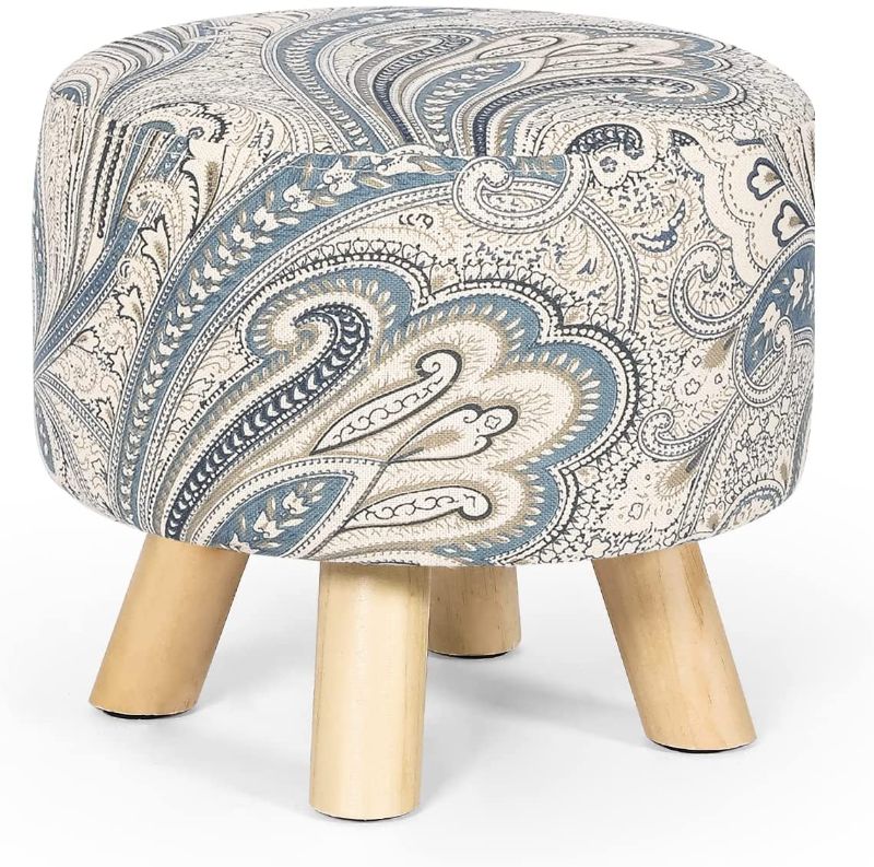 Photo 1 of Edeco Modern Round Ottoman Foot Rest Stool/Seat with Linen Fabric and Non-Skid Wooden Legs(Blue Boho Paisley)
