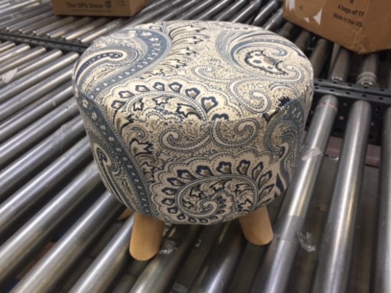 Photo 2 of Edeco Modern Round Ottoman Foot Rest Stool/Seat with Linen Fabric and Non-Skid Wooden Legs(Blue Boho Paisley)
