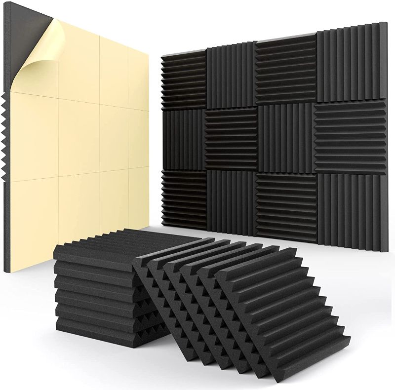 Photo 1 of 12 pack Acoustic Panels With Self-Adhesive, 1" X 12" X 12" Quick-Recovery Sound Proof Foam Panels, Acoustic Foam Wedges High Density, Soundproof Wall Panels for Home Studio,Carbon Black
