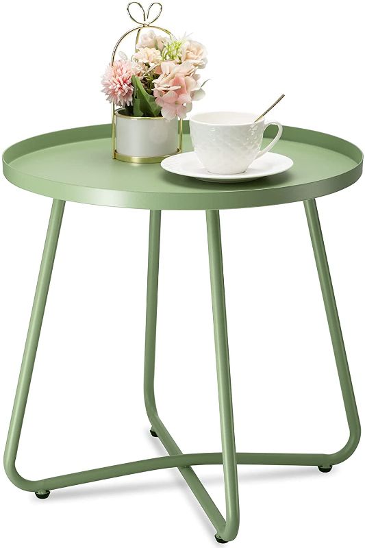 Photo 1 of danpinera Outdoor Side Tables, Weather Resistant Steel Patio Side Table, Small Round Outdoor End Table Metal Side Table for Patio Yard Balcony Garden Bedside Green
