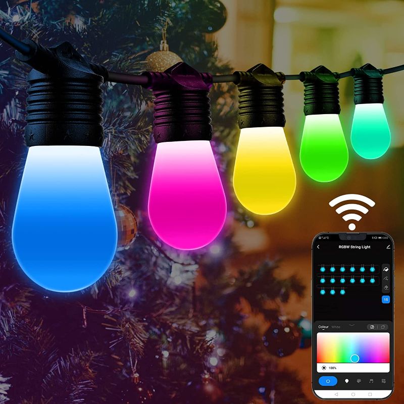 Photo 1 of Swarmir Outdoor String Lights, RGBW 48FT Patio String Lights Color Changing with 15 IP65 Waterproof Bulbs, 8 Scene Modes, APP Control for Party Decor, Garden, Backyard
