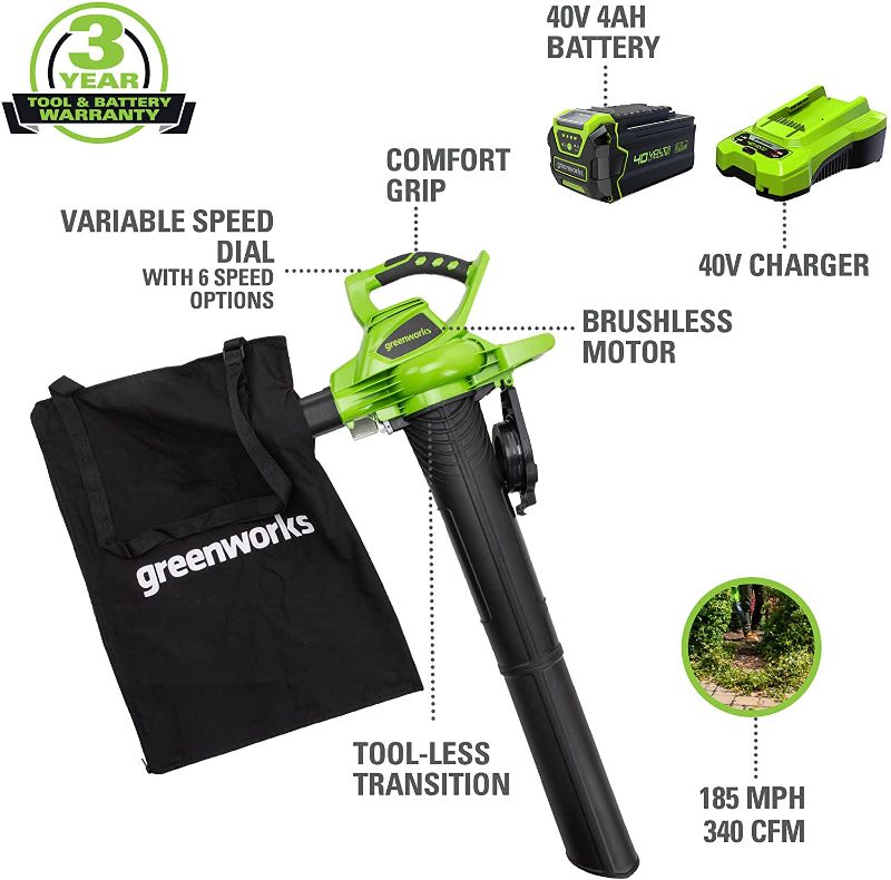 Photo 1 of Greenworks 40V (185 MPH / 340 CFM) Brushless Cordless Blower / Vacuum, 4.0Ah Battery and Charger Included
