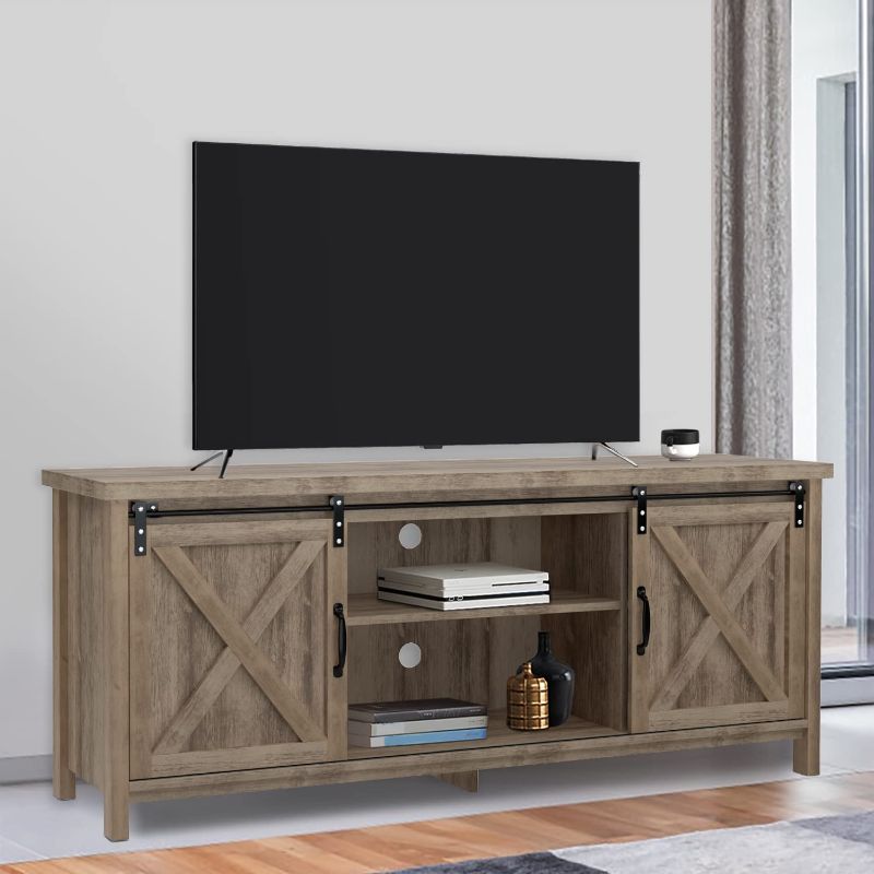 Photo 1 of GAZHOME Modern Farmhouse TV Stand with Sliding Barn Doors, Media Entertainment Center Console Table for TVs up to 65”,2-Tier Large Storage Cabinets,Rustic TV Stand for Living Room Bedroom Office,Grey
