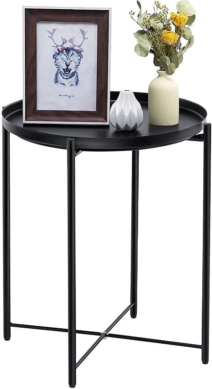 Photo 1 of APICIZON Round Black Side Table, Metal End Sofa Coffee Table with Removable Tray for Small Spaces, Living Room, Bedroom, Balcony, Easy Assembly, Black, 16.9 x 21 Inches