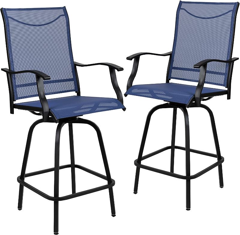 Photo 1 of Flash Furniture Patio Bar Height Stools Set of 2, All-Weather Textilene Swivel Patio Stools and Deck Chairs with High Back and Armrests in Navy
