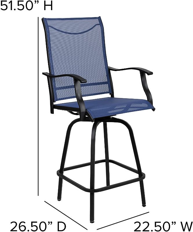 Photo 2 of Flash Furniture Patio Bar Height Stools Set of 2, All-Weather Textilene Swivel Patio Stools and Deck Chairs with High Back and Armrests in Navy
