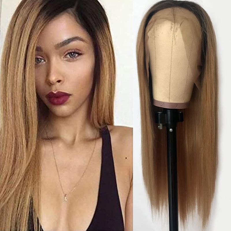 Photo 1 of QD-Tizer Honey Blonde Synthetic Lace Front Wig Long Straight Ombre Color Brown Roots Glueless Heat Resistant Hair Lace Wig for Women 22 inch
