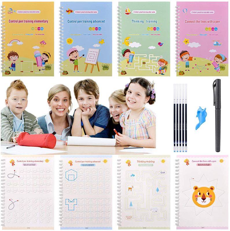 Photo 1 of Magic Practice Copybook for Kids 4 Pack, Reusable Calligraphy Workbook with Magical Pen, Thinking Special Training Drawing Math Logic Control Learning Tool, Print Hand Writing Exercise Book Age 3-8
